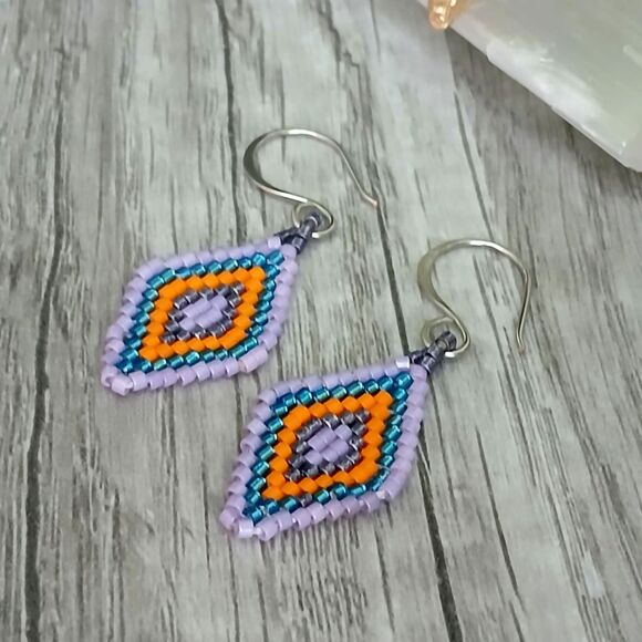 Boho Chic Beaded Dangle Earrings, Seed Bead Jewelry, Geometric, 2" - Picture 3 of 5